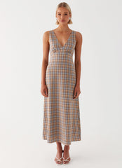 Daphny Gathered Bust Midi Dress - Check