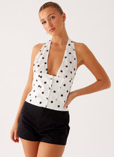 Lets Pretend Halterneck Top - White Polka Dot